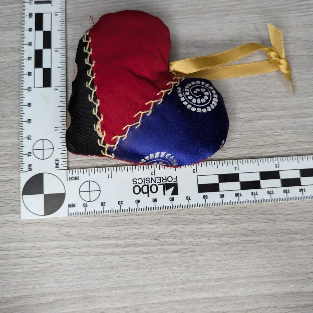 Set of 3 Crazy Quilt Multicolor Christmas Ornaments Stocking, Heart & Cat